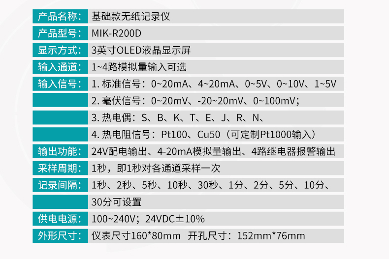 米科MIK-R200D無紙記錄儀產品參數